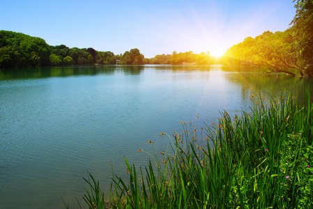 A calm lake with the sun setting in the background.