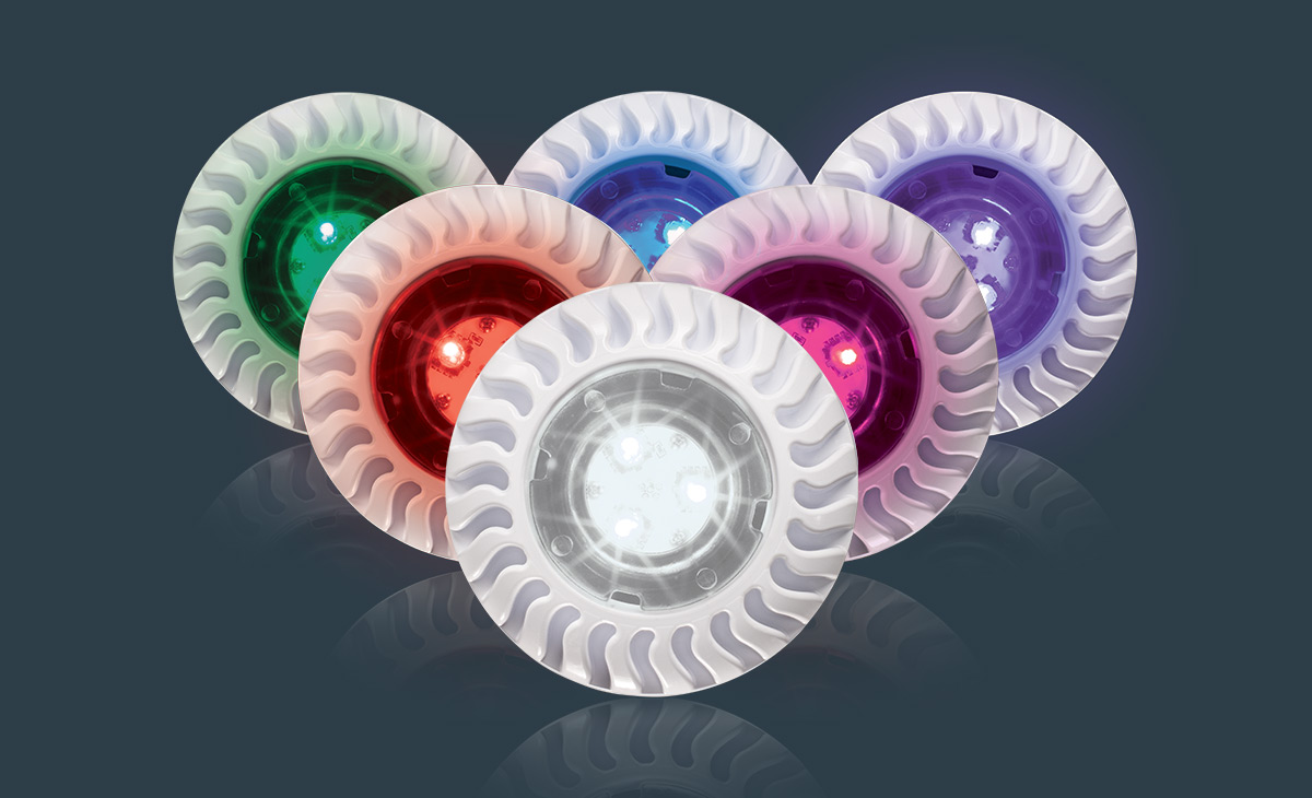 GloBrite array. Five LEDs stacked in a triangle. Red, Blue, Purple, Orange, Pink, and White. 