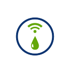 water droplet under a wifi signal surrounded by a dark blue circle. 